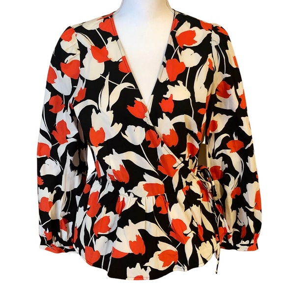 Who What Wear Sz. Medium NWT Wrap Shirt Black, White, Tangerine - Picture 1 of 14